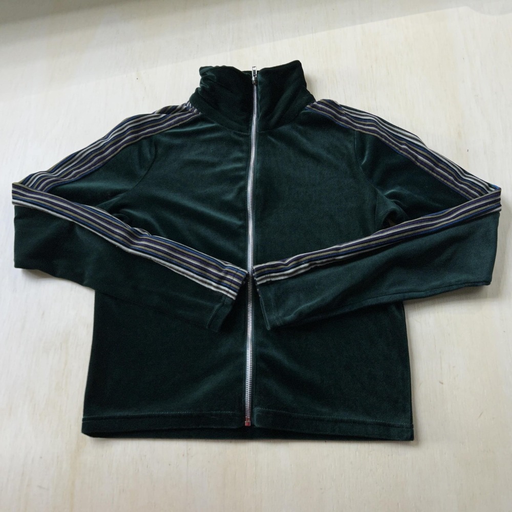 Vintage Energie Track Jacket Womens Large Green Velour Zip Striped Athletic Gym
